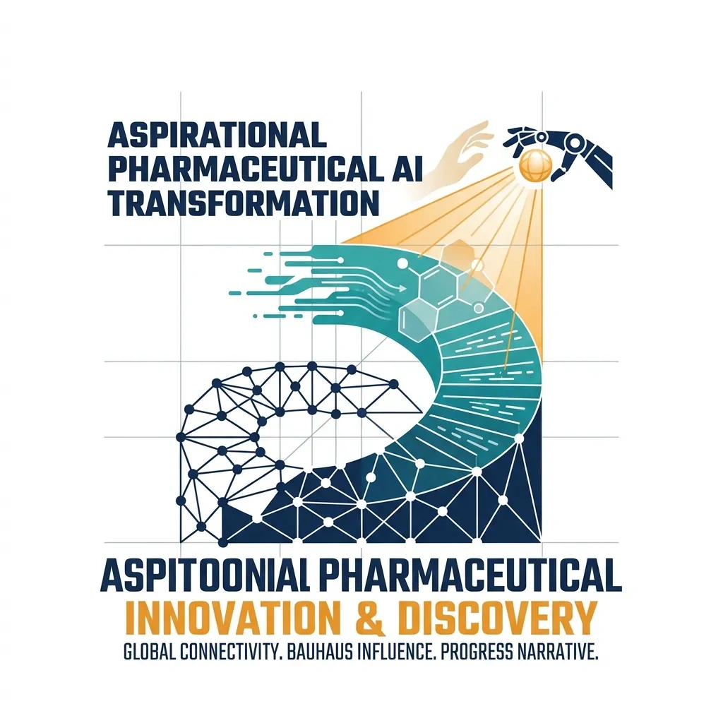 Aspirational visualization of AI transforming pharmaceutical development - connected nodes, data flows, and breakthrough innovation
